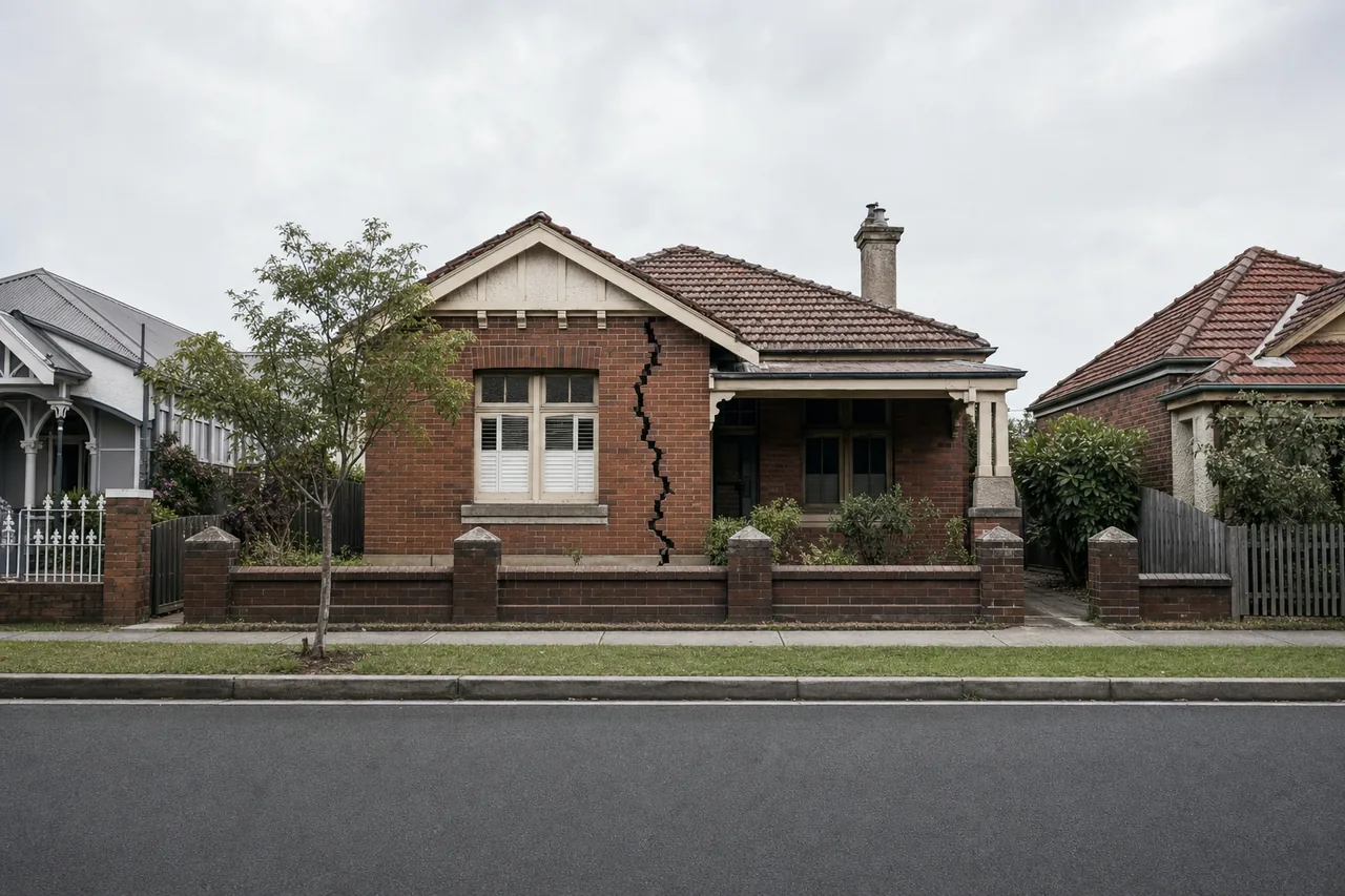 A single-storey brick house with a gabled front and a tiled roof on a suburban street, a stair-step crack running down the front wall beside the window, neighbouring houses and a footpath in front — underpinning, Newcastle. Illustrative example.